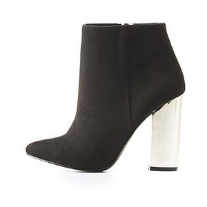 Faux suede booties, pointed toe, metallic heel